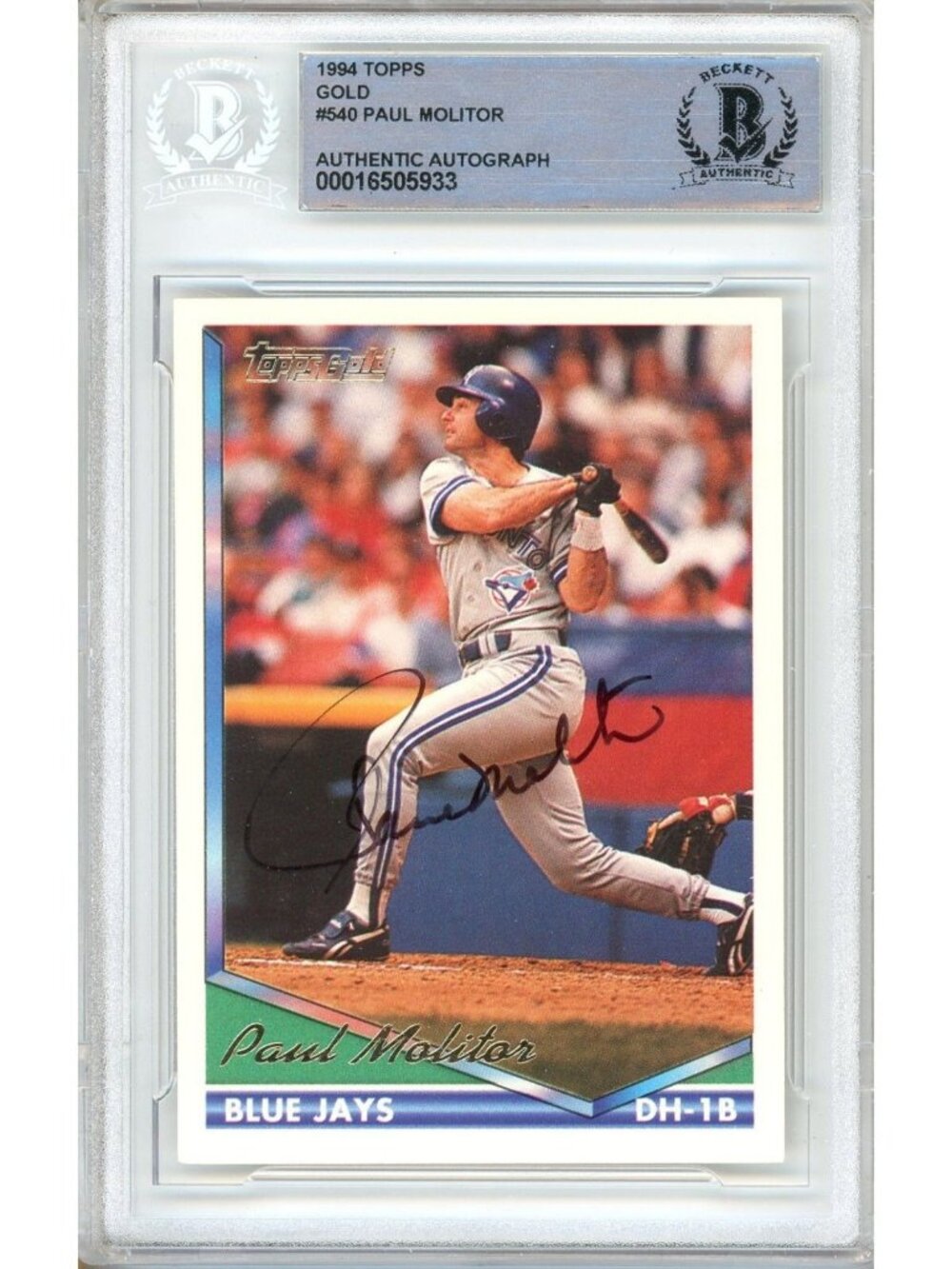 Paul Molitor Signed 1994 Topps Gold #540 Toronto Blue Jays Beckett BAS Slab Auto